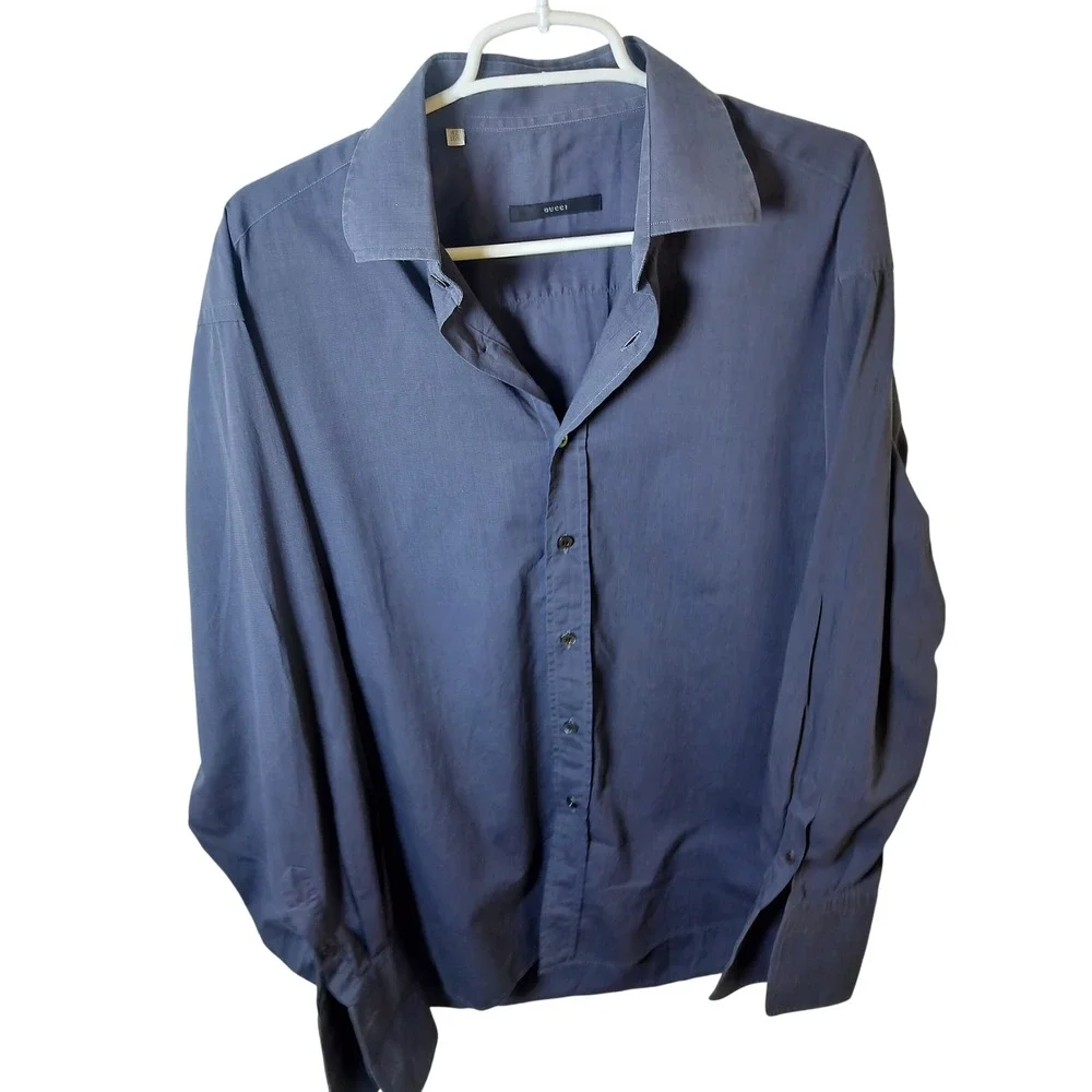 Gucci Mens Long Sleeve Button Down Dress Shirt Slate Blue Grey Size 42 16.5